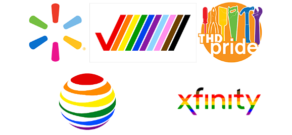 Examples of corporate pride logos. These corporations (Walmart, Verizon, Home Depot, AT&T, Xfinity) have all donated to sponsors of anti-trans legislation